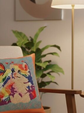 Multicolor Cat Needlepoint Accent Pillow in Orange